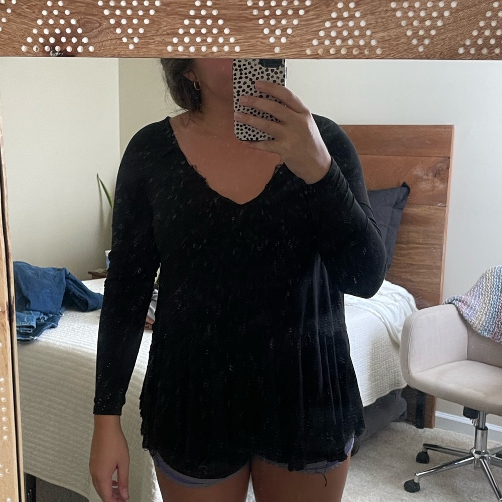 black long sleeve flowy boho babydoll type top with gauzy details